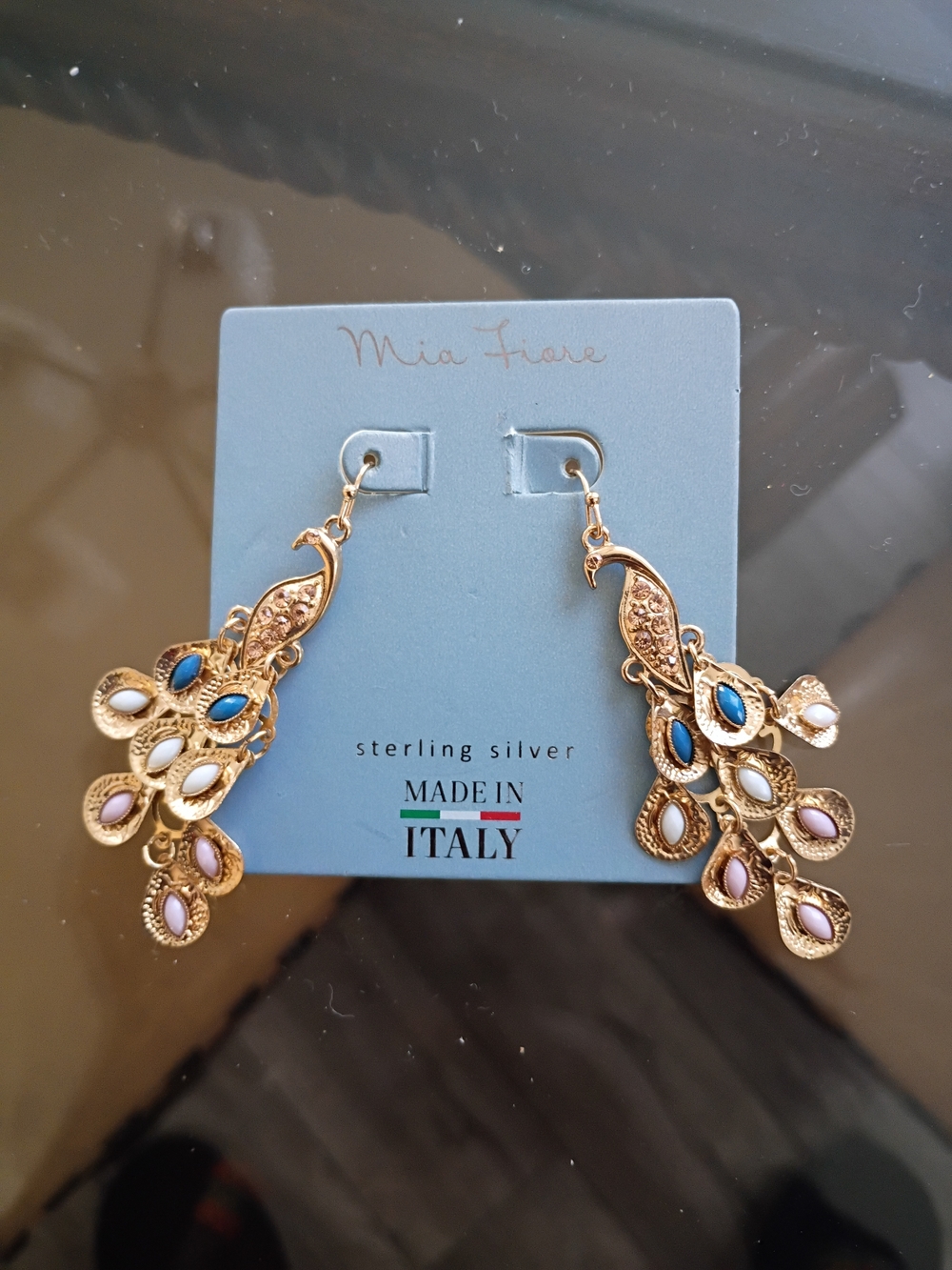 Gold-tone Sterling Silver Peacock Drop Earrings with Blue & Pink Accents